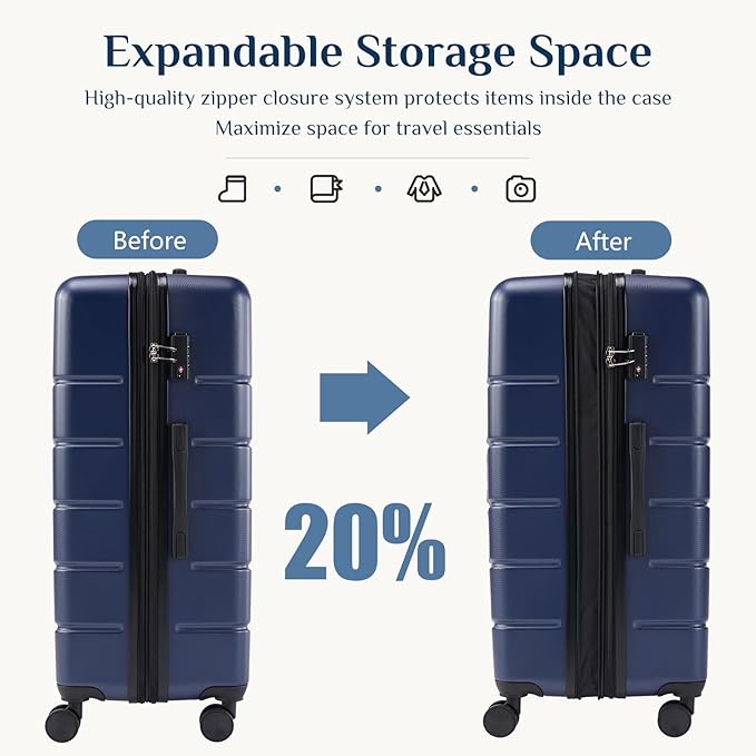 NEWBULIG Suitcases Spinner Wheels Lightweight Expandable Travel Hard Shell Luggage with TSA Lock, Blue, 3-PCS Set (20/24/28 Inch)