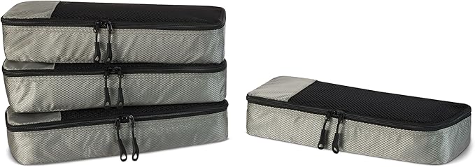 Amazon Essentials 4-Piece Slim Packing Cubes, Travel Accessories Set, Luggage Organizer, Suitcase Organizer with Double Zipper, Mesh Top, Space-Saving, Gray (Previously Amazon Basics)