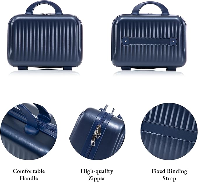 2 Pcs ABS Spinner Luggage Set - 14" Cosmetic Case & 20" Carry-On with Combination Lock, Front Opening Design, Navy Blue