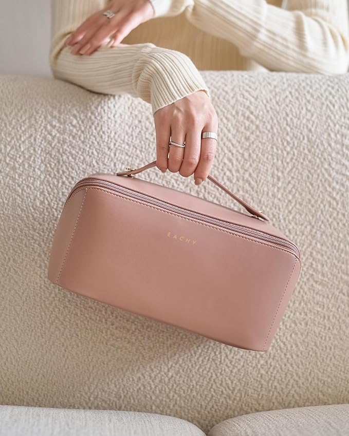 EACHY Travel Makeup Bag, Large Capacity Cosmetic Bag for Women, Waterproof PU Leather, Flat Open Portable Toiletry Bag for Skincare, Brushes & Travel Essentials
