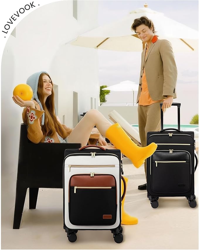 LOVEVOOK Carry on Suitcase 22x14x9 Airline Approved,20 inch Lightweight Waterproof Suitcases with 360° silent swivel wheels, TSA Lock and Compartment, Large Capacity travel Suitcase Black-White-brown
