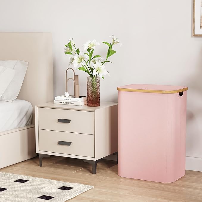 Lifewit 80L Laundry Basket with Lid, Clothes Hampers for Laundry with Bamboo Handles and 1 Removable Bag, Large Foldable Laundry Hamper for Bedroom, Bathroom, Dorm, Laundry Room, Pink
