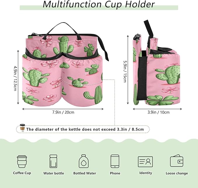 Pink Cacti Shamrock and Clovers Luggage Cup Holder Travel Portable Free Hand Drink Carrier Suitcase Drinks Beverage Holder Carry-On Bottle Mug Holder Organizer Bag Travelers Accessories
