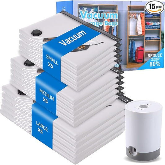 Vacuum Seal Bags For Travel With Rechargeable Cordless Pump, 15 Pack Space Saver Compression Bags For Clothes, Bedding, Blankets, Pillows, Luggage, Ideal For House Moving & Home Organization