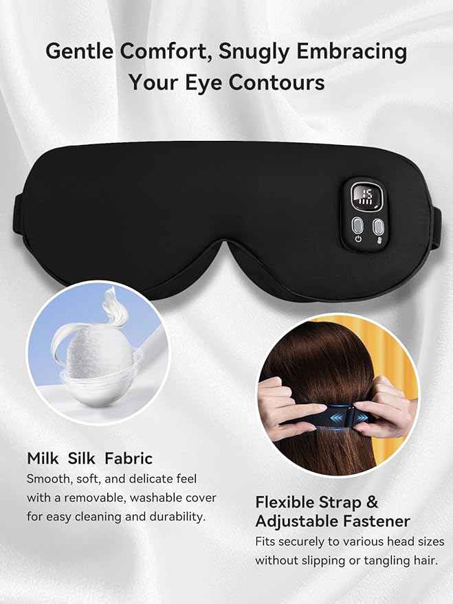 Heated Eye Mask for Dry Eye Relief, Cordless Warm Compress Sleep Mask with 4 Heat Settings & Timer, Rechargeable Silk Eye Warmer for Migraine, Travel, Women Men Black