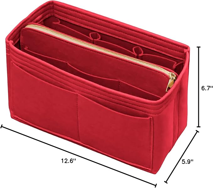 Purse Organiser with Zip, Key Ring, Felt Bag, Organiser, Handbag Organiser, with Key Chain for Bag, Suitable for LV Speedy Neverfull Longchamp, Red, Large