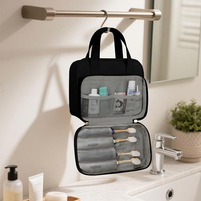 Travel Toiletry Bag, Water-resistant PU Leather Makeup Bag with Multiple Compartments, Large Capacity Makeup Organizer Bag with Handle for Accessories, Essentials, Toiletries, Black