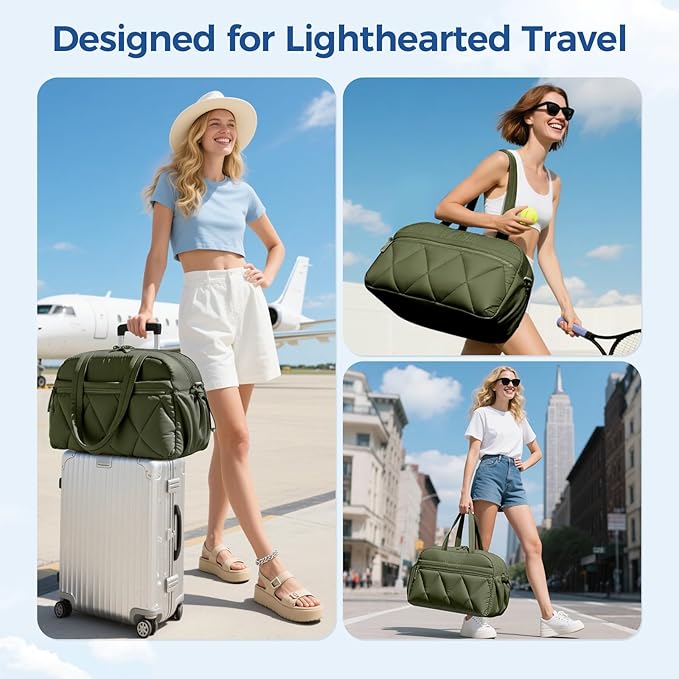 Gym Bag for Women, Puffer Travel Duffle Bag With Shoes Compartment & Wet Pocket, Carry On Tote Bag For Weekender, Overnight, Sport (Green, Large)