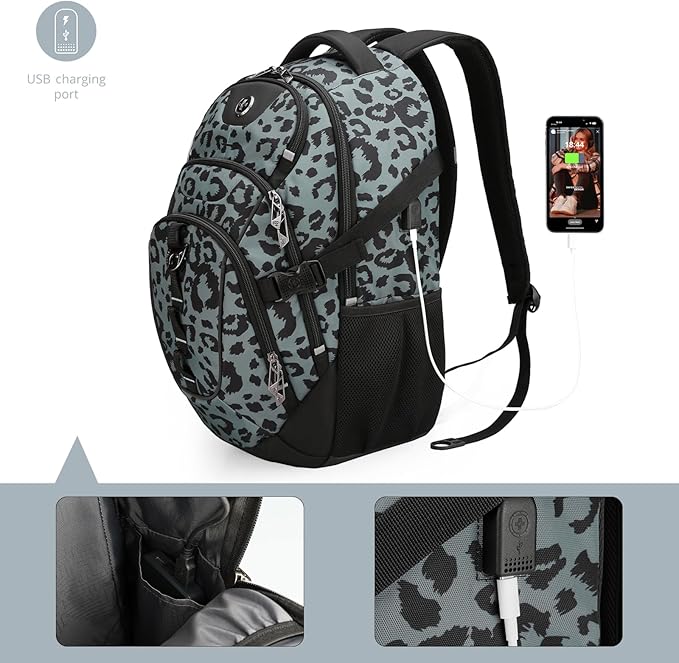 Swissdigital Laptop Backpack with USB Charging Port, Travel Backpack Fits 15.6 inches Computer, 31L Backpack for Men, Gray Leopard | SD803-101