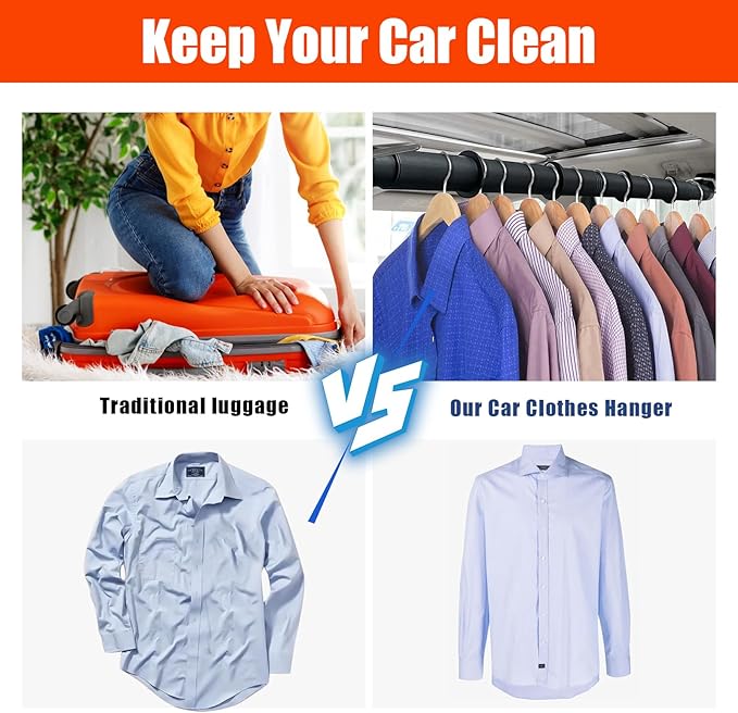 Car Clothes Hanger Bar, 30-63 Inches Expandable Heavy Duty Car Clothes Rack for Car Travel - Adjustable Clothes Storage Hanger Automotive Travel Hanging Rack for Most Cars,Trucks,SUVs,Road Travelers