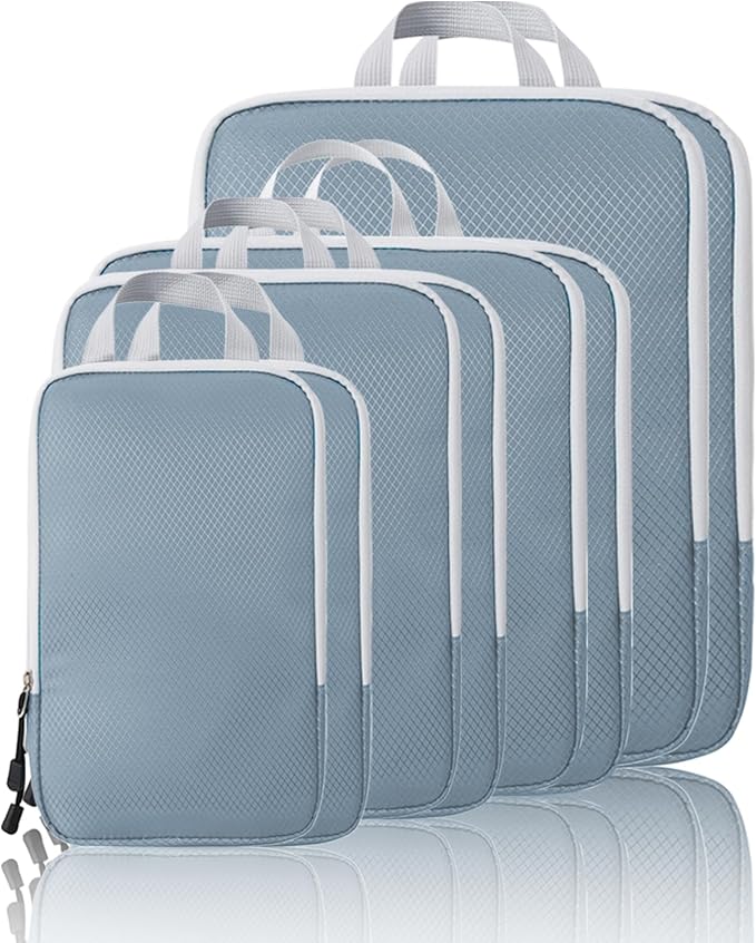 Compression Packing Cubes, 8 Set Packing Cubes for Travel Compression, Lightweight Compressible Package Organizer for Carry On and Suitcases, Lake Blue and Grey