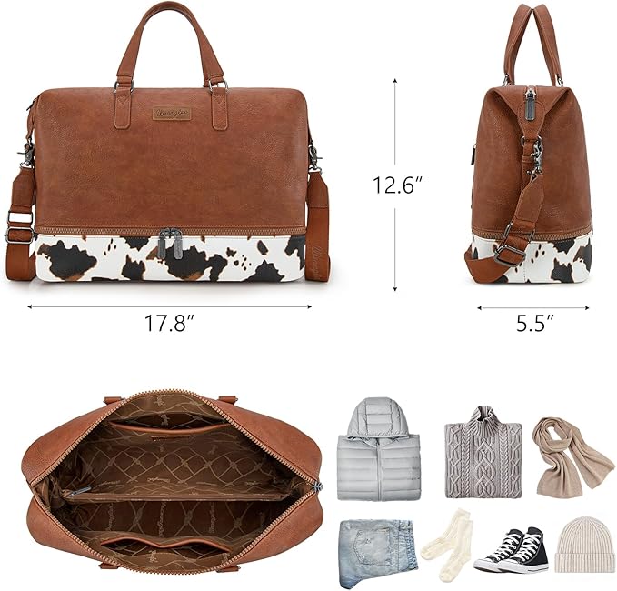 Wrangler Travel Duffel Bag Carry On Overnight Bag with Shoe Compartment Cow Print Weekender Bag for Women WG253-5110COW-BR