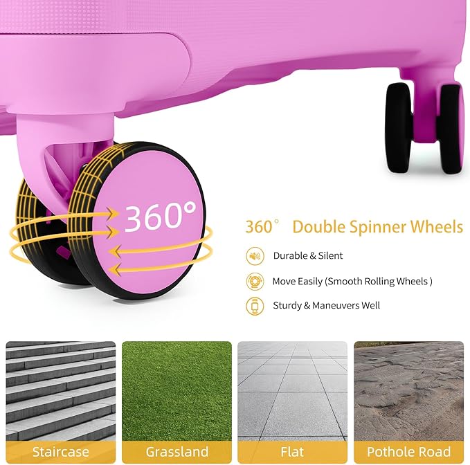 LARVENDER Luggage Sets 3 Piece, Hardside PP Carry On Suitcase with 360° Spinner Wheels TSA Lock Luggage Sets for Women, Neon Pink