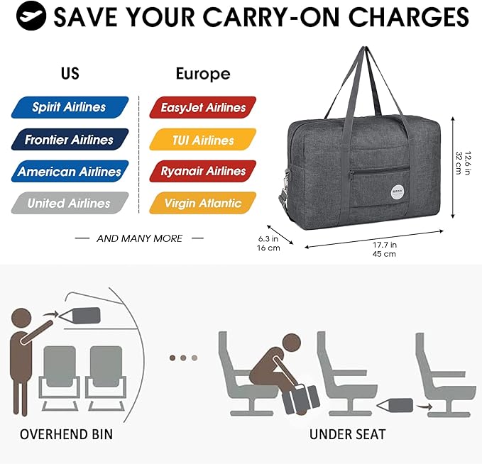 WANDF For Spirit Airlines Personal Item Bag 18x14x8 Travel Duffel Bag Underseat Foldable Carry-on Luggage for Women