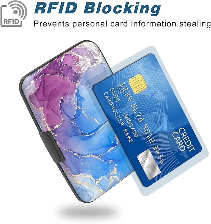 Credit Card Holder, Mini Aluminum Card Wallet RFID Blocking Slim Metal Hard Card Case for Women Men, Blue Purple Marble