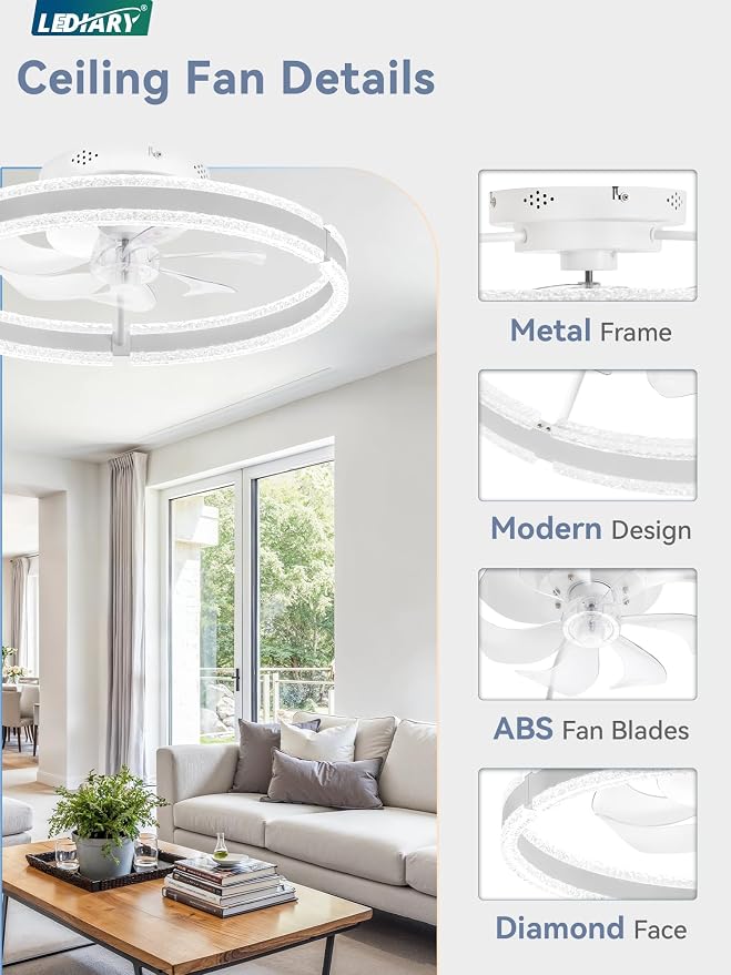 LEDIARY 20'' Low Profile Ceiling Fans with Lights and Remote, White, 2 Pack | 3000-6000K Dimmable LED, 6 Wind Speeds, Quiet Reversible DC Motor, Small Flush Mount Fandelier for Bedroom, Living Room