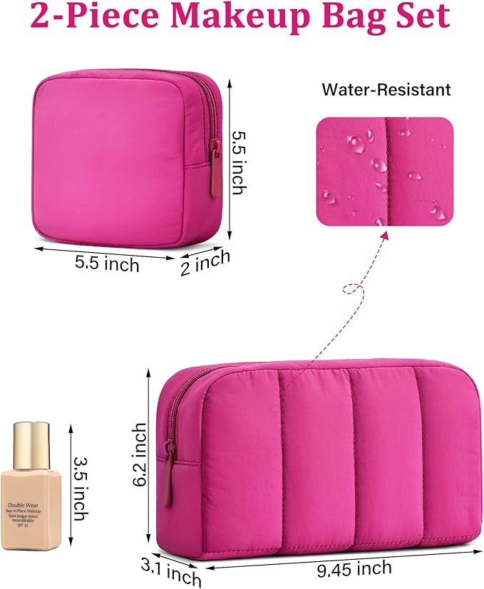oscaurt 2 Pcs Makeup Bag Travel Toiletry Bag for Women Puffy Padded Cosmetic Pouch Purse Wide-open Makeup Organizer Case Travel Essentials