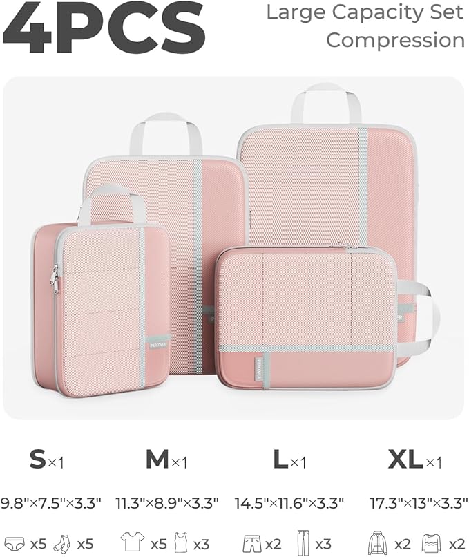 Percover Compression Packing Cubes 4-Piece Set, Packing Cubes Compression for Travel with Label Pockets, Travel Organizer for Carry On & Checked Luggage, Pink