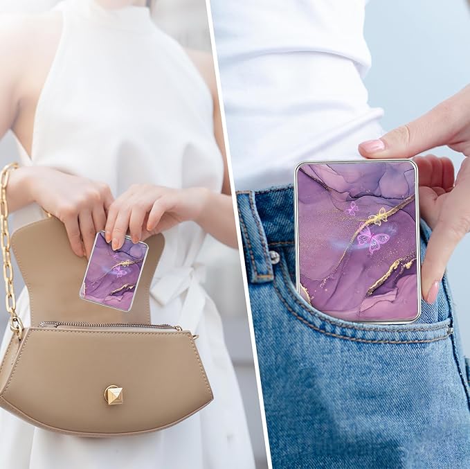 Pocket Mirror, Small Travel Mirror with Magnification, Portable Double-Sided Magnifying Cosmetic Mirror for Daily (Purple Butterfly)