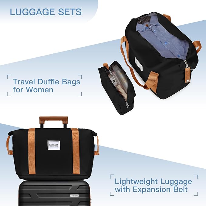 Black 6 Piece Luggage Set Hard Shell - Expandable Suitcases with Spinner Wheels and Duffel Bags for Family Travel, Durable Carry On Luggage Sets with Lock for Women and Men
