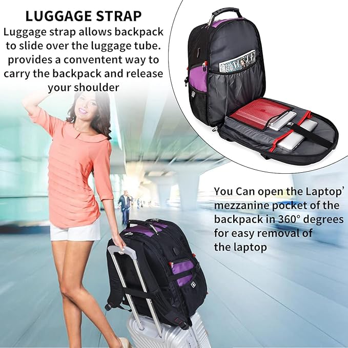 SHRRADOO Extra Large 50L Travel Laptop Backpack with combination lock, College High School Backpack Airline Approved Business Work Bag Fit 17 Inch Laptops for Men Women,Purple