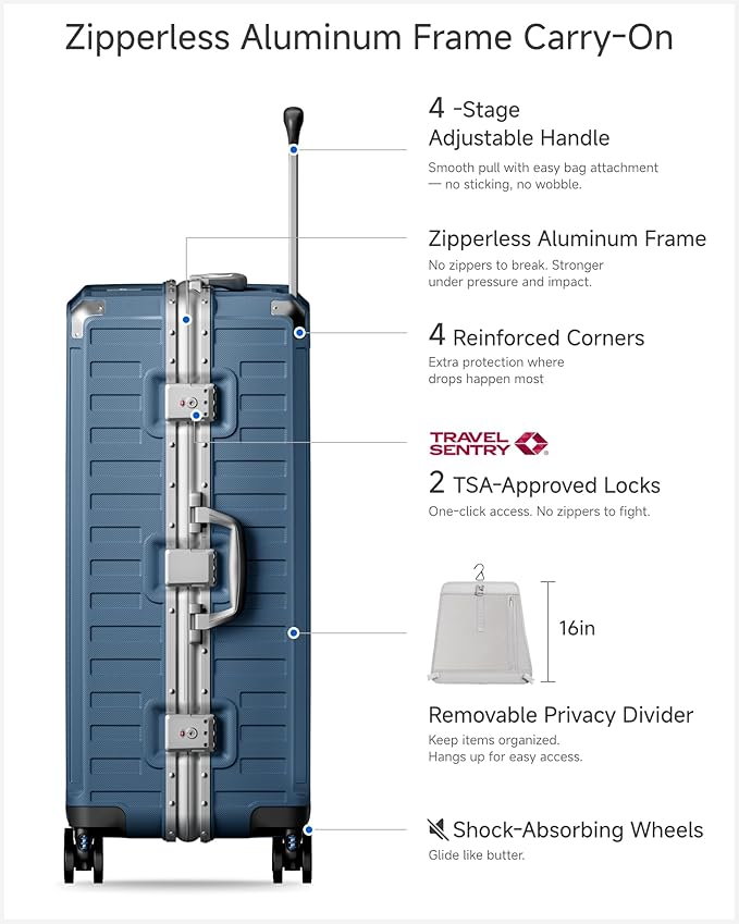 Luggage Sets with Spinner Wheels, 8010S Aluminum Frame Zipperless Polycarbonate Hard Shell Suitcase Sets (ZX-Core, Blue, 2 Piece (20/28))