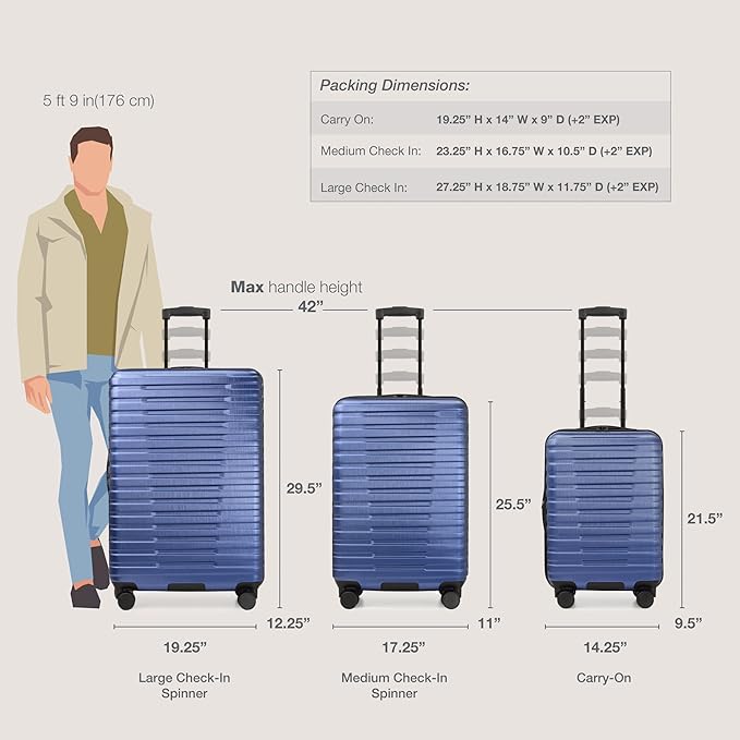 U.S. Traveler Boren Expandable Hardside Rugged Travel Luggage with 8 Spinner Wheels, Navy, 3-Piece Set