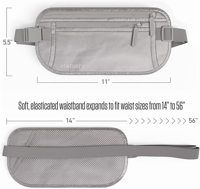 VENTURE 4TH Money Belt for Travel – Hidden Under-Clothes RFID Blocking Passport Holder & Slim Travel Wallet Pouch for Men & Women to Protect Cash, Cards & Documents (Sleek Silver)
