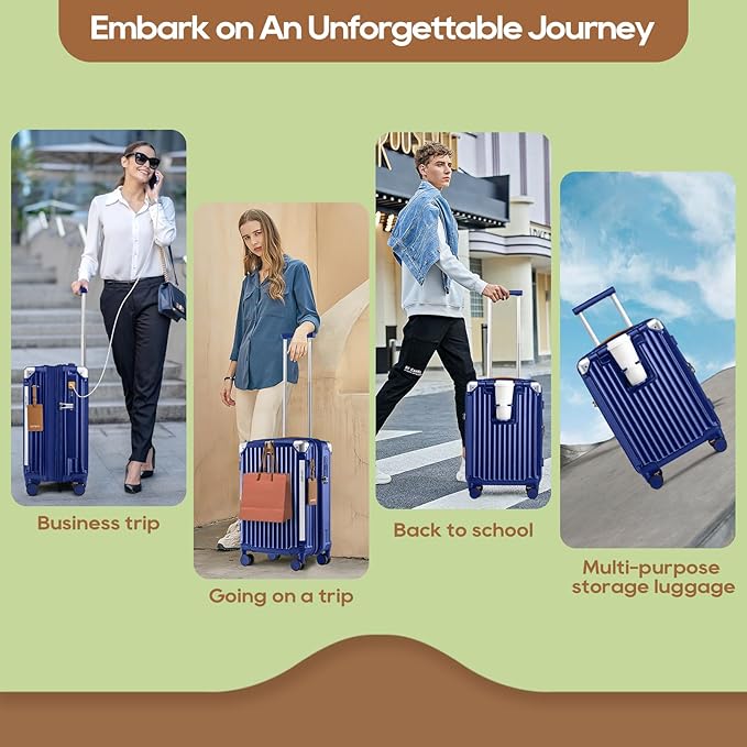 Joyway 5 Piece Luggage Set with Cup Holder, Expandable 25% Capacity, Includes Handbag, Anti Slip Wheels, Hook, Smart Carry On Suitcase for Men and Women, Spinner Travel Blue