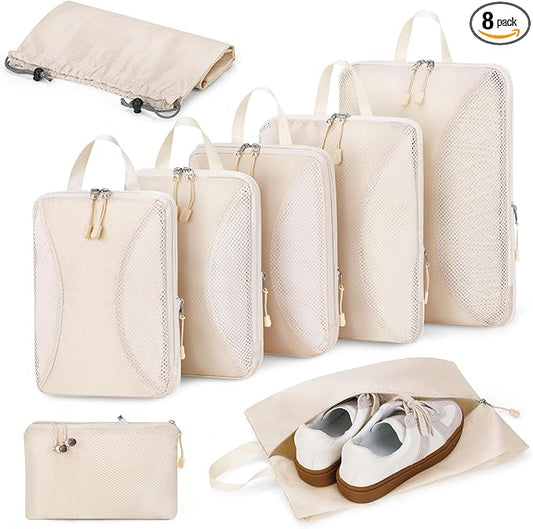 Compression Packing Cubes 8 Sets, Packing Organizers, Extensible Suitcase Organiser Bags, Travel Organizer Cubes for Travel Essentials Beige