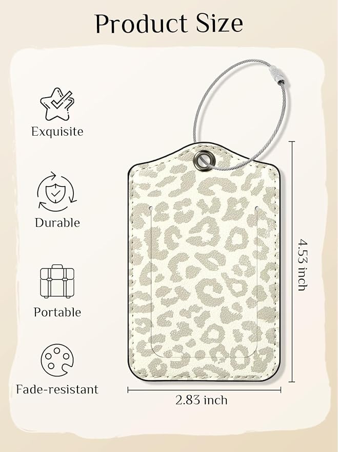Seorsok 2 PCS Luggage Travel Tags for Suitcases,Cute Grey Leopard PU Leather Name Tag with Privacy Cover&ID Label Address Card and Durable Metal Ring Suitable for Men Women Handbags Backpack,Grey