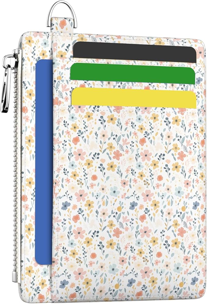 Hancynir Slim Wallet Women Credit Card Holder White Florals RFID Small Mini Card Case Front Pocket PU Leather Thin Travel Zipper Coin Cash ID Window Girls Wallet Gifts