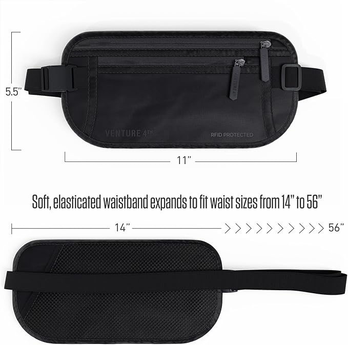 VENTURE 4TH Money Belt for Travel – Hidden Under-Clothes RFID Blocking Passport Holder & Slim Travel Wallet Pouch for Men & Women to Protect Cash, Cards & Documents (Sleek Black)