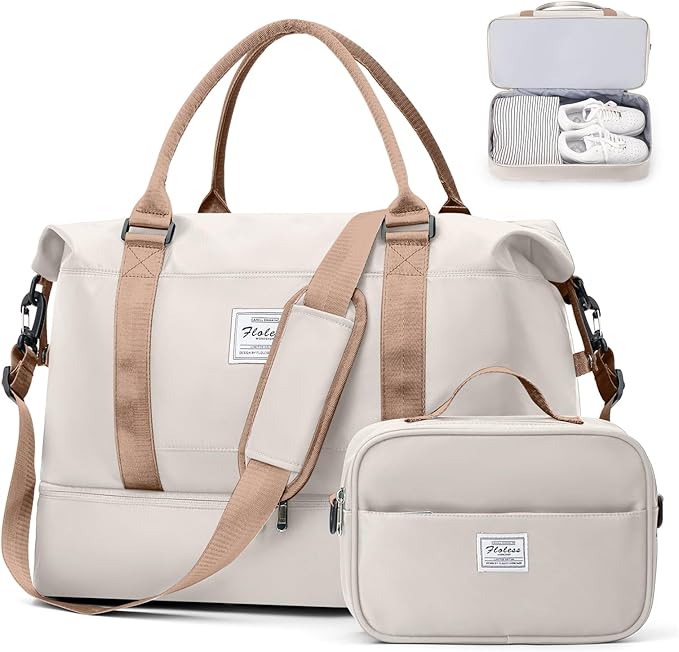 Large Weekender Bags for Women, Travel Duffel Bag with Shoe Compartment,Personal Item Travel Carry on Overnight Bag for Women Travel Set,Beige & Brown