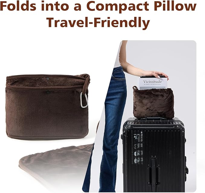 Travel Blanket with Carry Bag, Lightweight Wearable Airplane Blanket, Soft Packable Throw for Travel & Office Coffee Brown
