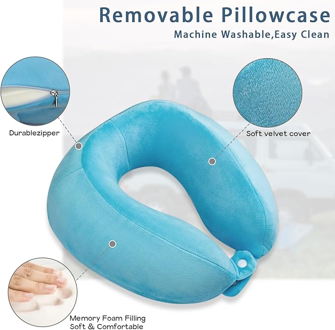Travel Neck Pillow Comfort Memory Foam Neck Pillows for Airplanes Neck Support Pillow for Sleeping Traveling Trains Cars Offices Home Rest Blue