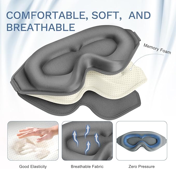 FlyCoco 99% Fully Block Out Light Eye Sleep Mask, 3D Deep Contoured Eyes Cover Zero Pressure, Long Lash Extension Eyes Mask with Adjustable Straps for Sleeping Travel Home Nap Rest Women Men (Grey)