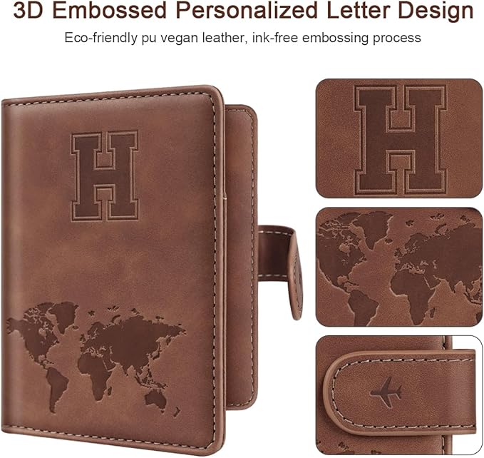 Passport Holder Wallet Cover Personalized Letter A-Z Travel Wallet RFID Blocking Passport Cover Wallet Case for Travel Passport Book Holders for Women and Men, Brown-H