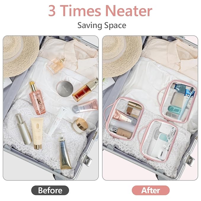 PACKISM Stylish TSA Approved Toiletry Bag Set, Floral Lace, Clear Makeup Bag with Handle, 1 TSA Medium & 1 Large for Travel, Gift for Women, Pink