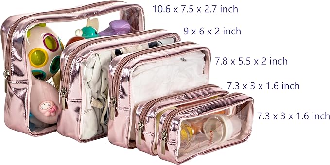 TSA Approved 5-Piece Diaper Bag Organizer Pouch Set Clear Waterproof TPU Kids Toiletry Storage Set Travel Packing Clutch Cube Bags for Baby Nursing(Gose gold leather)