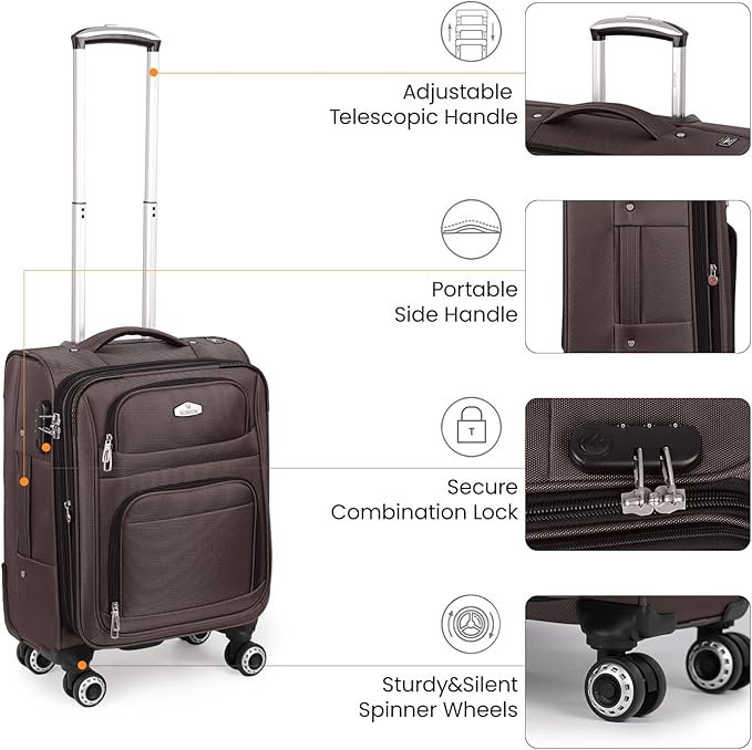 20'' Carry on Luggage,Softside Suitcase w/Combination LOCK,Expandable 15% Luggage w/Double Spinner Wheels,Lightweight Rolling Suitcases for Men/Women（Coffee,20in）