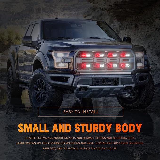 8-pcs Sync Feature LED Emergency Strobe Lights Ultra Slim Grille Surface Mount Flashing Warning Hazard Light Bar w/Controller for Construction, Trucks, Vehicles, Car (R/W)