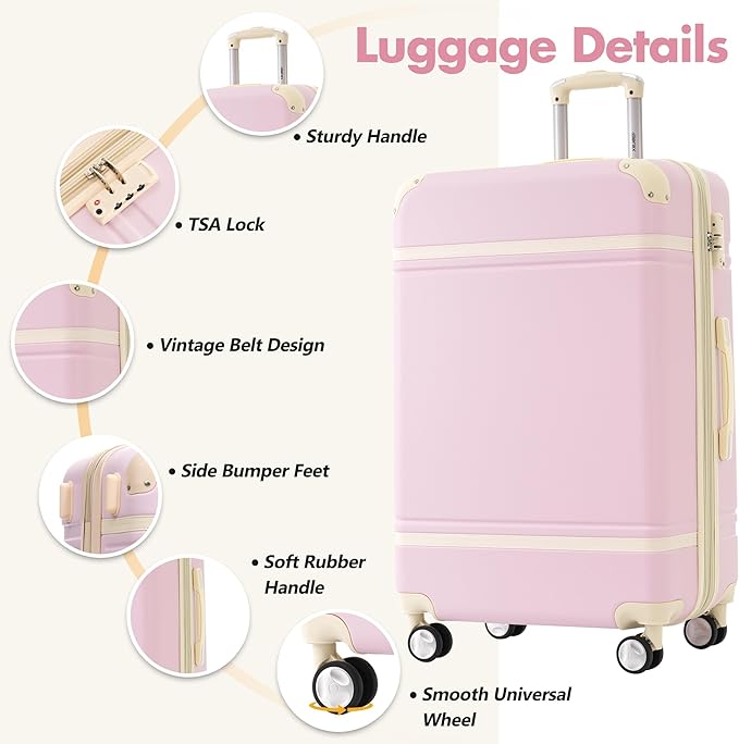 Merax 24 Inch Checked Luggage, Expandable Suitcase with Spinner Wheels, Hard Shell Vintage Luggage Set with TSA Lock(Light Pink)
