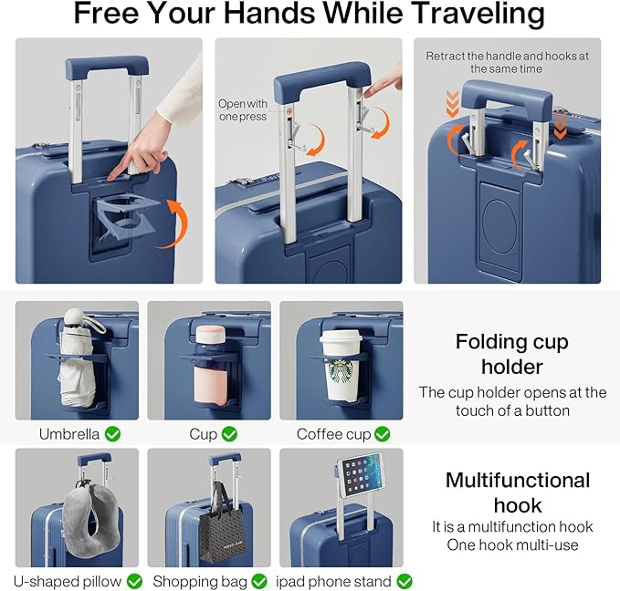 mixi Large Checked Luggage with Cup Phone Holder and Charger Hard Shell Suitcases with Spinner Wheels, 24 Inch Sapphire Blue
