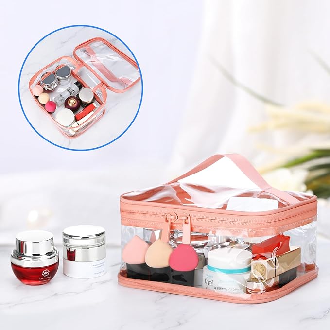 HAOGUAGUA 2 Pieces Clear Makeup Bags Cosmetic Toiletry Bags for Traveling, Waterproof Travel Transparent TSA APPROVED Carry On Airport Airline Compliant Bag (2 PIECES PINK)
