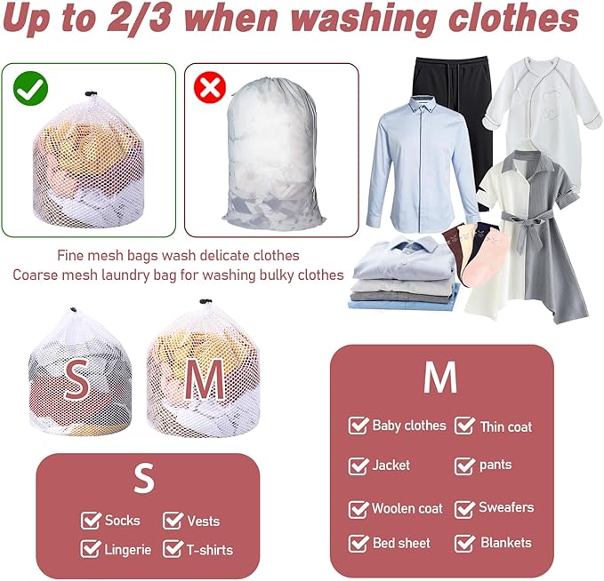 2pcs Mesh Laundry Bags for Socks, Machine Washable Drawstring Design Travel Mesh Laundry Wash Bags White Drawstring Garment Bags for Laundry Storage for Home Dorm Hotel Travel Use,12x16inch, 16x20inch