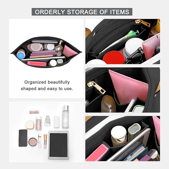 LOUKAYCCI Purse Organizer Insert for Longchamp Le Pliage M Handbag Insert Felt Long Champ Tote Bag Organizer Insert with Cup (Black, Medium)