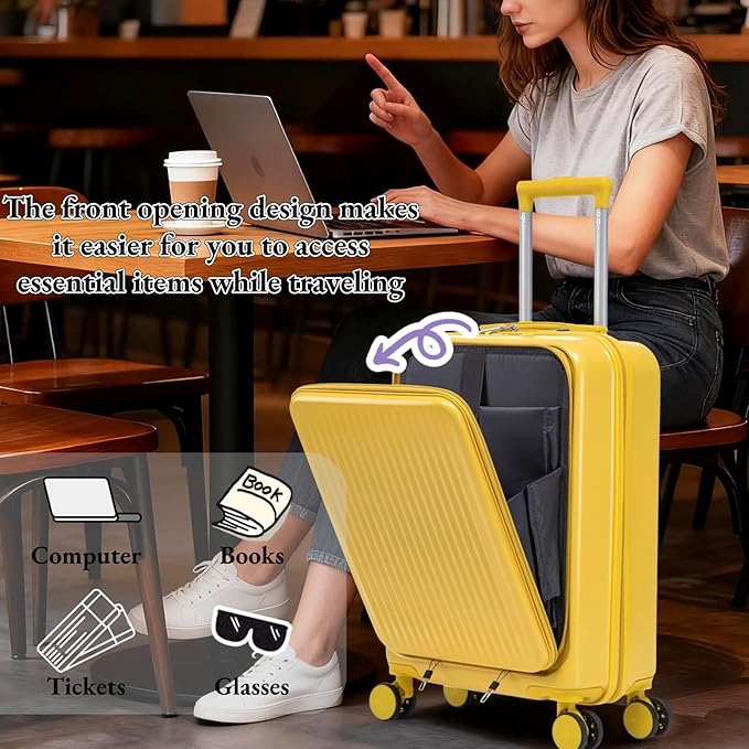 2 Pcs ABS Spinner Luggage Set - 14" Cosmetic Case & 20" Carry-On with Combination Lock, Front Opening Design, Yellow