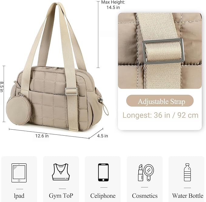 CAMTOP Mini Gym Bag for Women, Small Gym Tote Bag Puffy Quilted Sports Duffel Bag with Wet Compartment and Coin Purse Duffel Bags Dance Yoga Workout Bag for Gifts