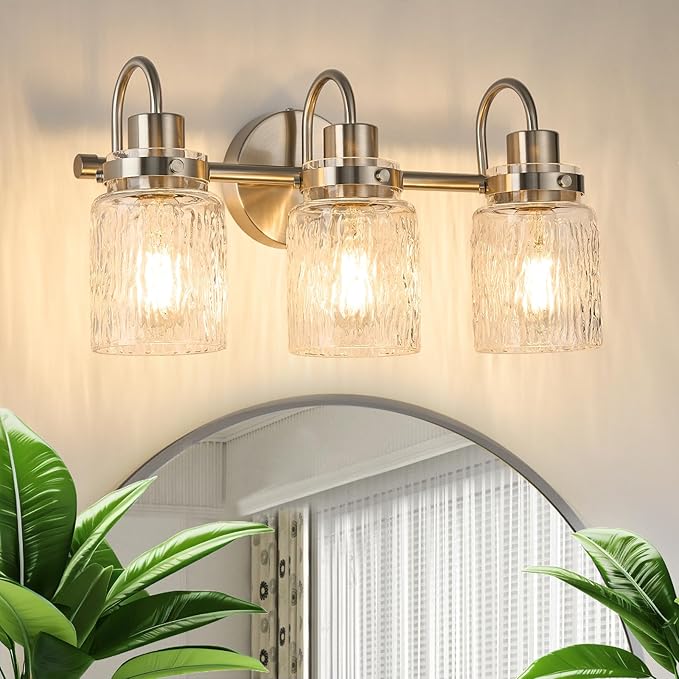 3 Lights Hammered Glass Bathroom Vanity Light,Brushed Nickel | Easy Installation,Up or Down,Farmhouse Modern Style,E26 Socket,ETL Certification